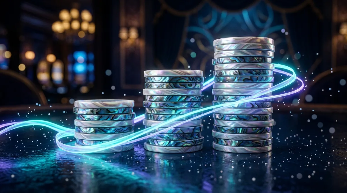 Three ascending pearl chip stacks wrapped in iridescent cyan-violet ribbons of light