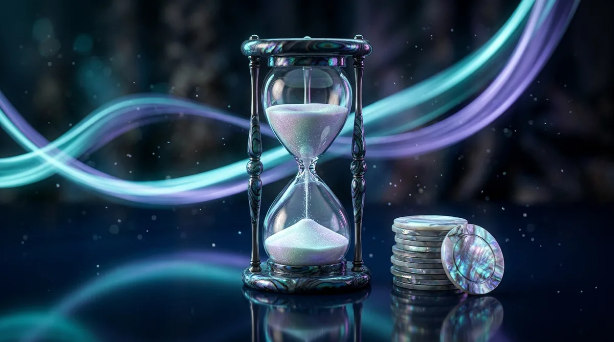 An elegant hourglass with pearlescent sand beside pearl chips under cyan-violet glow