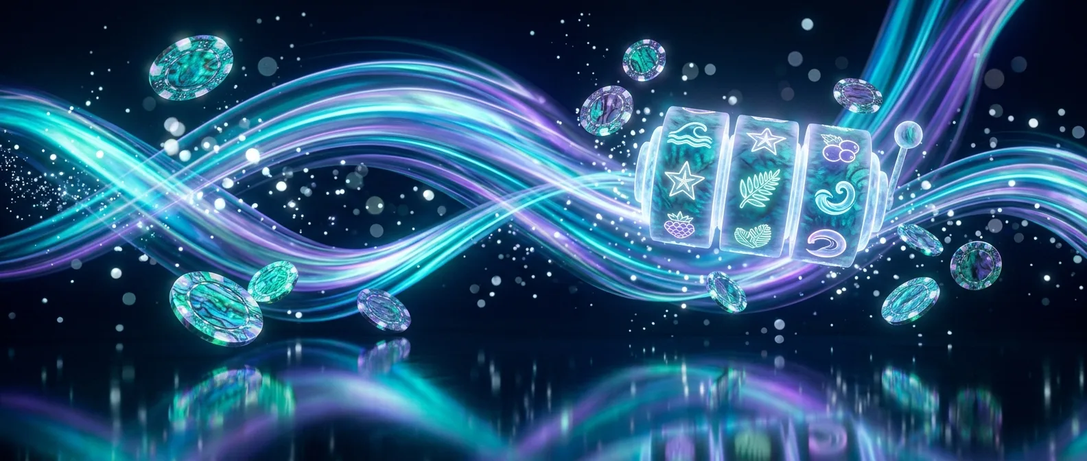 Paua-shell iridescent swirl of cyan and violet light around floating pokie reels and pearl chips